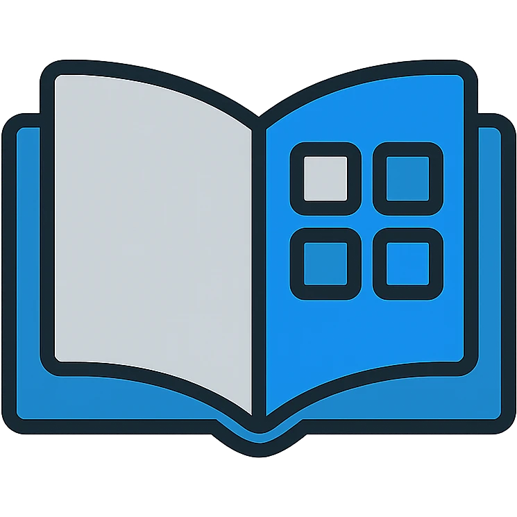 catalog icon, open book or grid of squares, modern tech style, blue and gray tones emoji