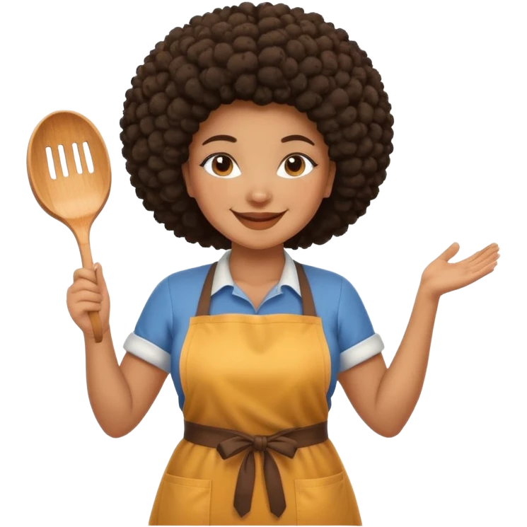 Mujer curvy afro, con vestimenta cómoda y delantal, con sonrisa contagiosa y dando la bienvenida  emoji