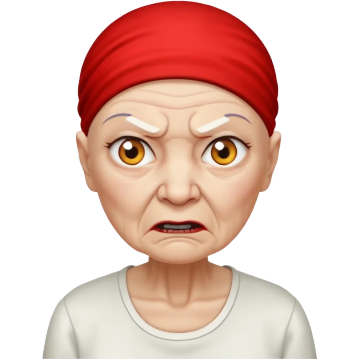 a portrait of angry elderly woman, bald head, wearing shirt emoji