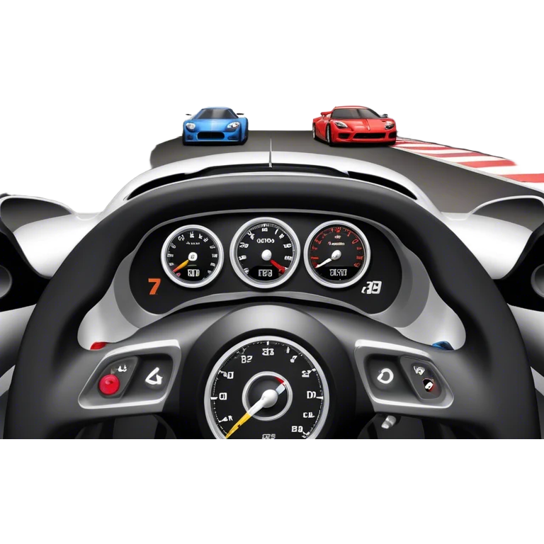 An icon showing a racing game interface, inspired by Grand Turismo. The design features a garage with a selection of high-performance cars, along with race track visuals in the background. Speedometer, lap timer, and other HUD elements add to the excitement. Transparent background emoji