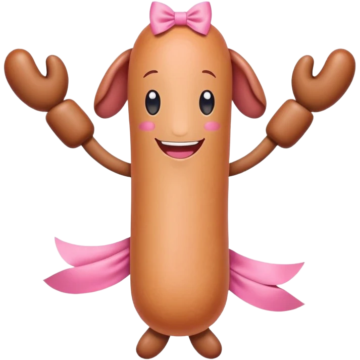 a sausage with arms, legs, face, a pink bow below emoji