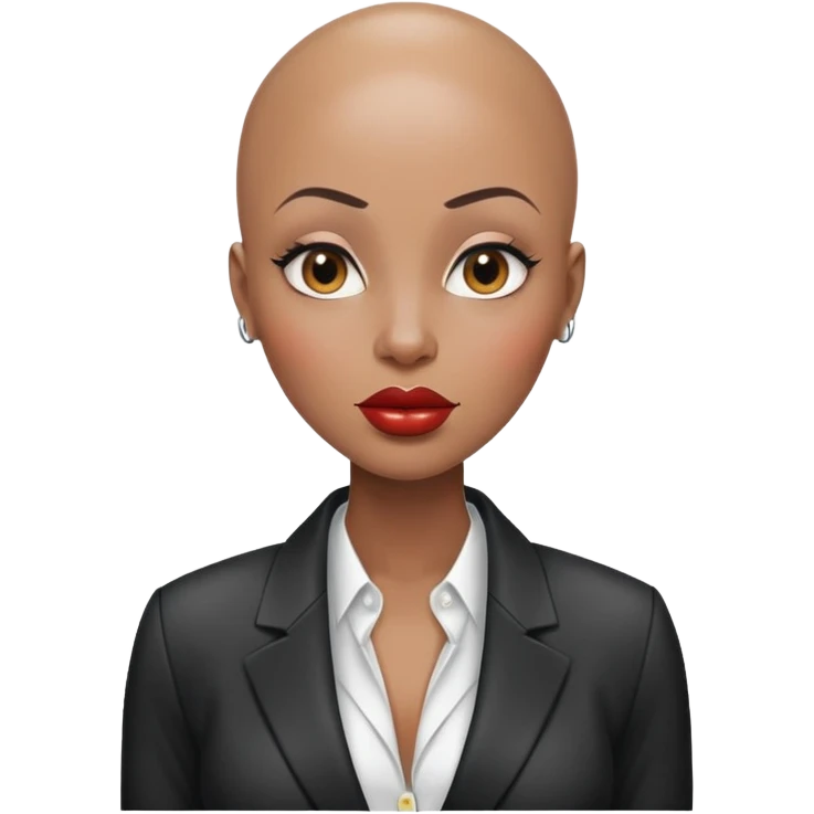 Gorgeous woman wet no eyebrows wearing blazer Alluring black woman wide nose bald head big glossy lips emoji