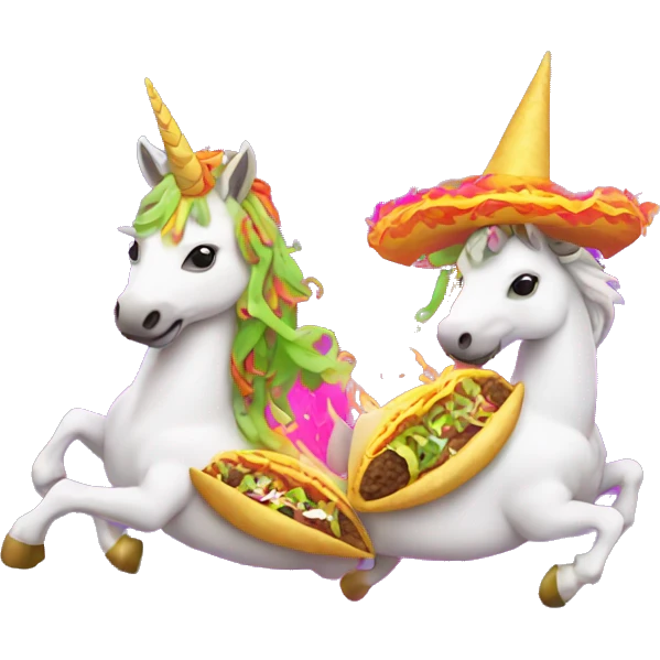two women eating tacos while riding a unicorn surrounded by a neon heart that’s on fire emoji