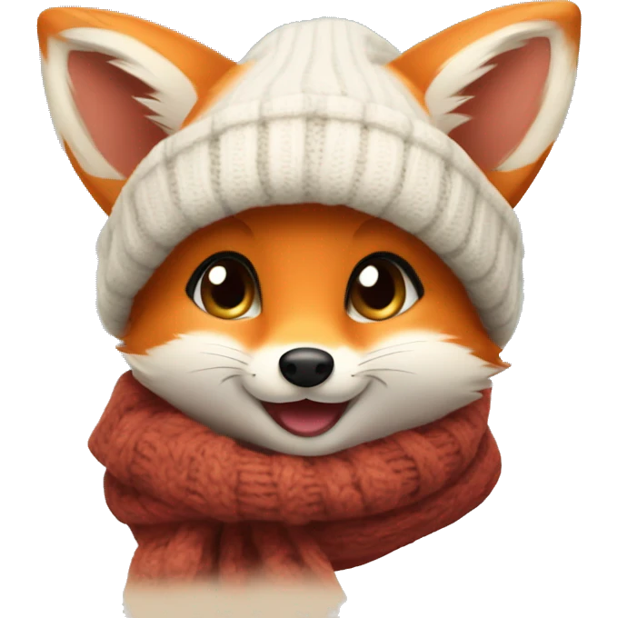 A cute little charming fox cub in a winter hat and scarf shows his tongue emoji
