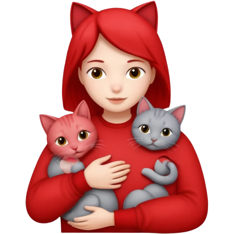 Make 20 gray cats cudling a person wearing all red  emoji
