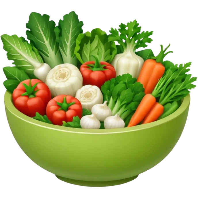 Healthy home cooking humanless avatar in clean style vibrant illustration. Fresh vegetables bowl, green tones, simple shapes, flat design, friendly and light. emoji