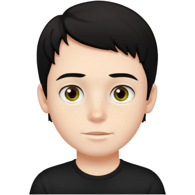 A boy with dark black hair and hazel green and brown eyes and white skin , with freckles and black t shirt  emoji