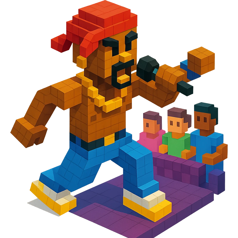 Lego version of 2Pac in a rap battle scene, dynamic pose, microphone in hand, crowd in background emoji