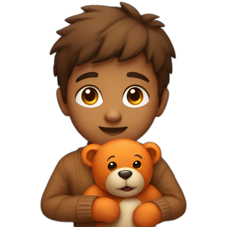 indian kid wearing a brown sweater polo holding a orange teddy bear emoji