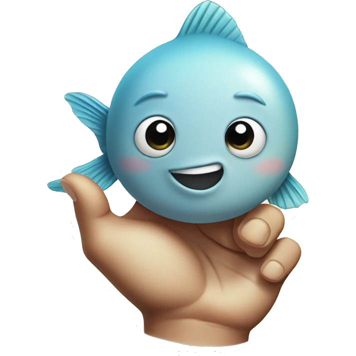A fish doing a peace sign with his hand, raising his index and middle finger emoji