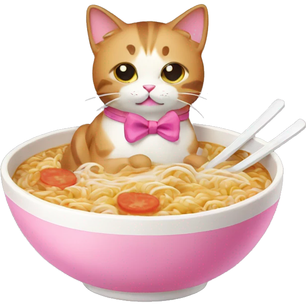 cat eating ramen with a pink bow emoji