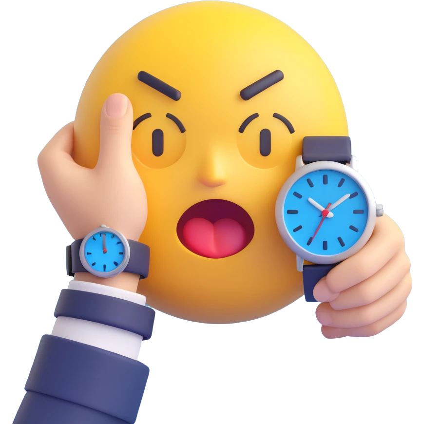 A yellow emoji face with a worried expression, looking at a wristwatch with raised eyebrows, showing urgency and stress emoji