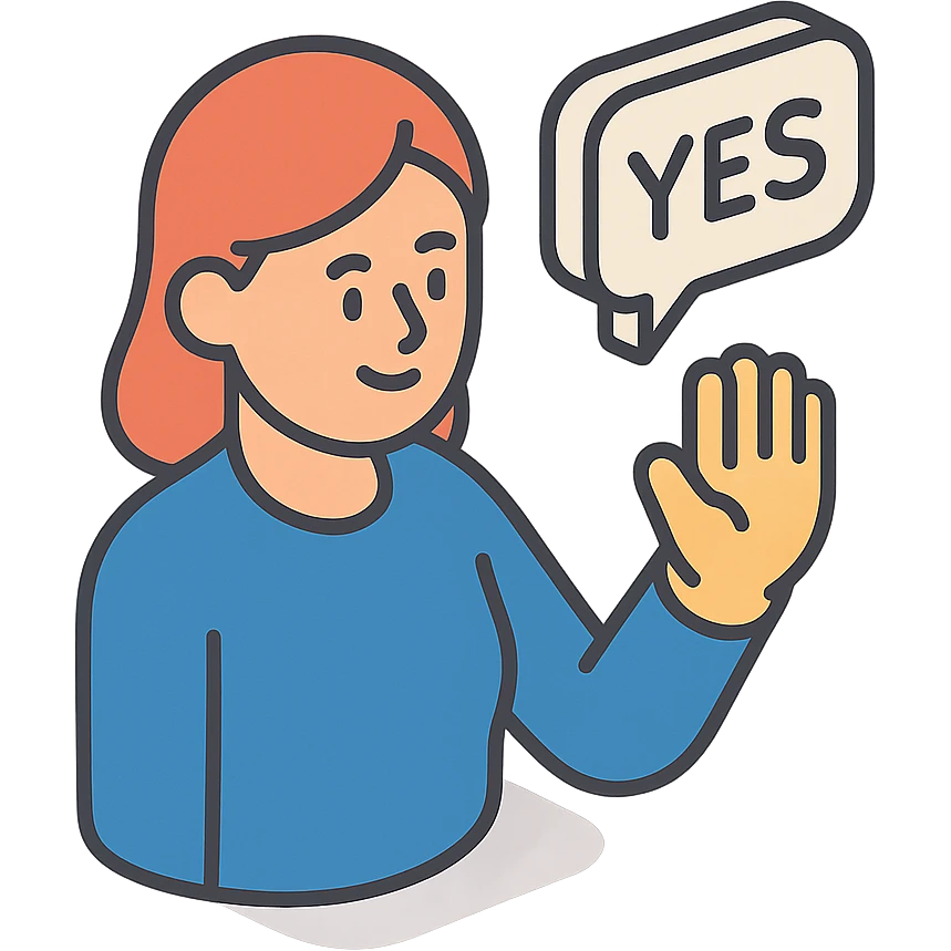 женщина говорит - yes, и делает жест ладонью в знак согласия emoji