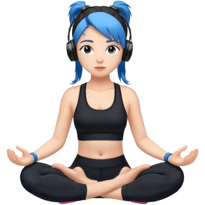 A girl with fair skin and a caring blush. Her eyes are big, expressive, blue. Her hair is long, straight, dark brown.
 in a ponytail 
running, she is wearing black leggings and a black sports bra with headphones meditating in butter top and black leggings emoji