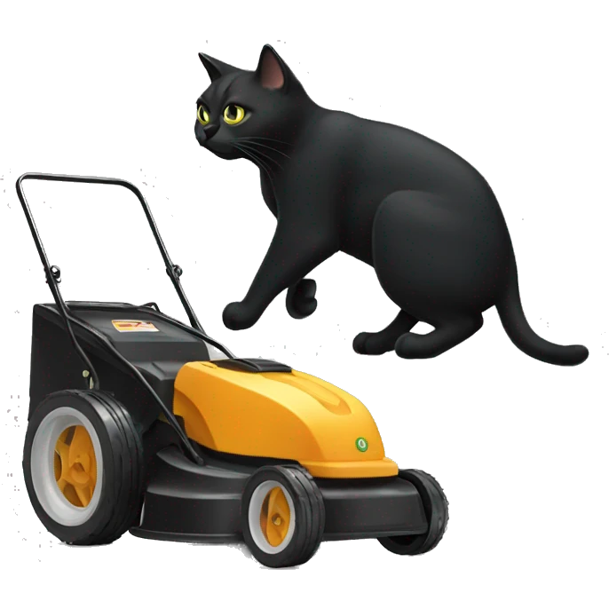 black cat pushing a push lawnmower emoji