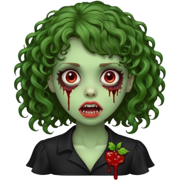 Green zombie emoji girl with curly Brown hair, with curly bangs, wearing a black bluse, blood Just in the tongue  emoji