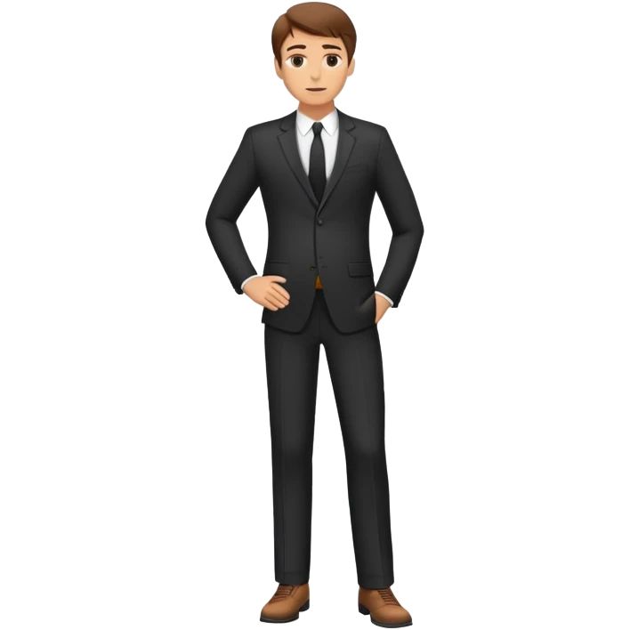 Caucasian male, brown hair, standing wearing dark suit and shoes, with hands on hips emoji