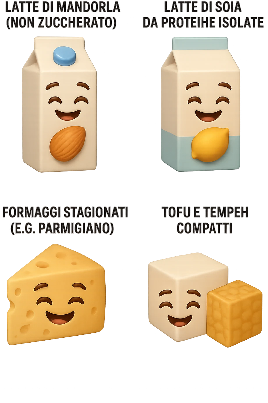 emoji stile iphone 3d di Latte e yogurt delattosati in italiano
Latte di mandorla (non zuccherato)
Latte di soia da proteine isolate
Formaggi stagionati (es. parmigiano)
Tofu compatto e tempeh
 che fluttuano in aria, iperealistico 4k emoji