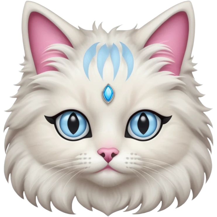Neva masquerade cat, very fluffy, gray and white, with pale blue eyes and pink nose emoji