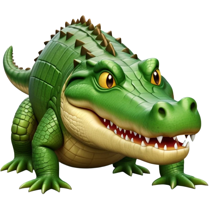 cinematic-crocodile-realistic-full-body-on all fours-emoji,-massive-scaled-body-partially-submerged-in-shallow-water,-head-tilted-dramatically,-rough-green-and-brown-hide-textured-with-deep-ridges,-simplified-yet-realistic-focused-features, head held high emoji