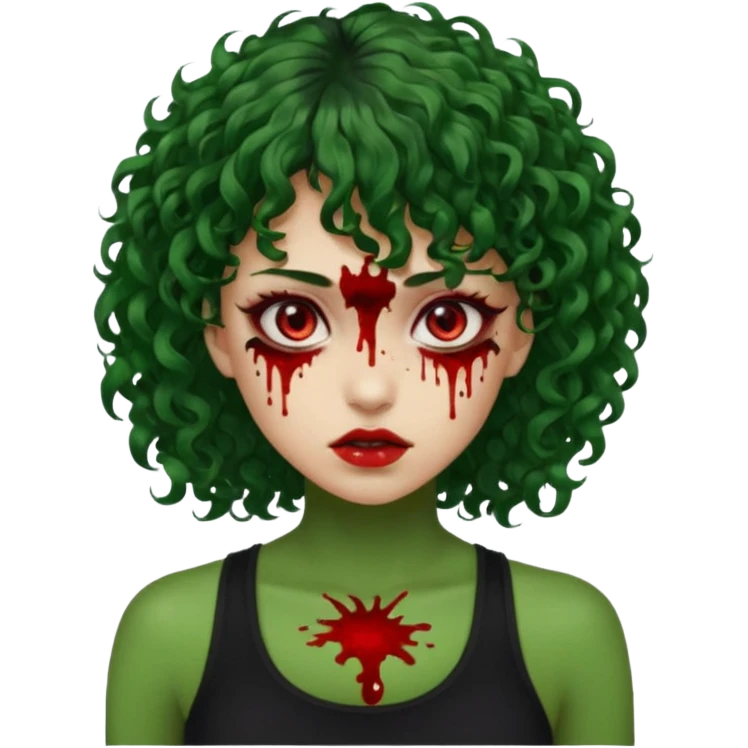 crie uma mulher, vibe total terror. mas ela com cabelo cacheado e franja. e pele verde. SAIA SANGUE DOS OLHOS VERMELHOS. ELA USA BLUSA REGATA PRETA. emoji
