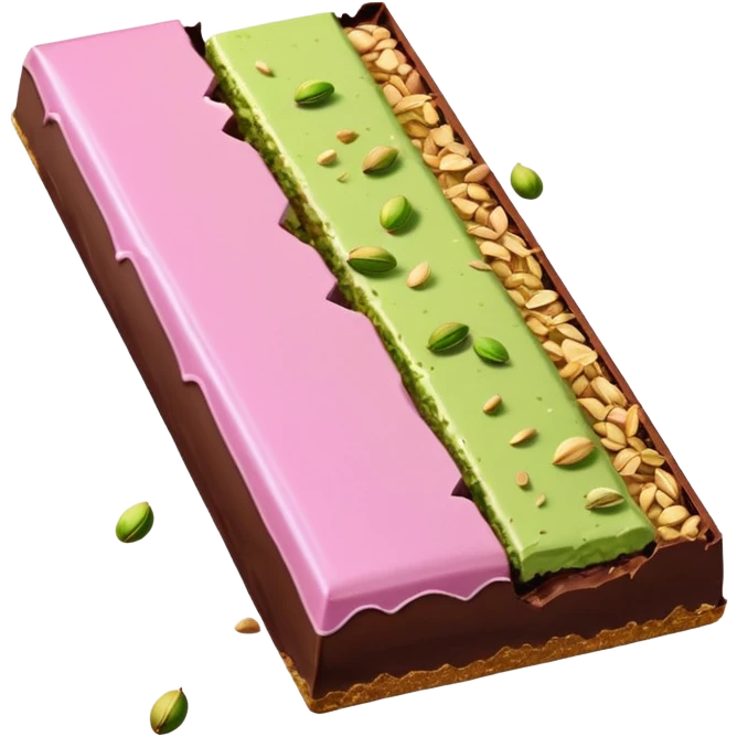 chocolate partially wrapped in elegant pastel pink foil, the top half broken to reveal rich pistachio cream and crispy kataifi strands inside, glossy chocolate surface, detailed texture emoji