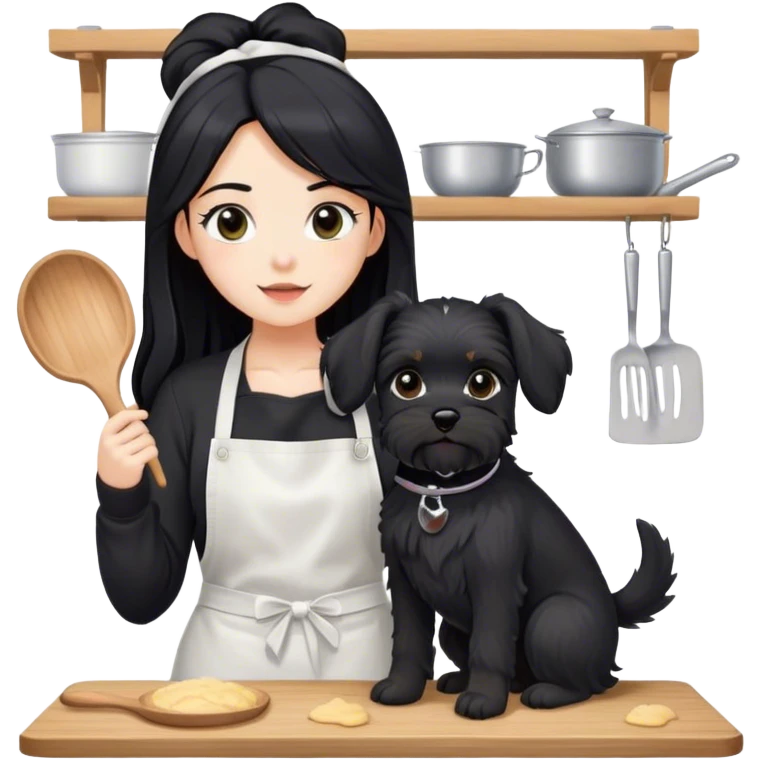 pale girl with long black hair wearing black long sleeve tshirt wearing apron and baking holding black floppy ear schnauzer emoji