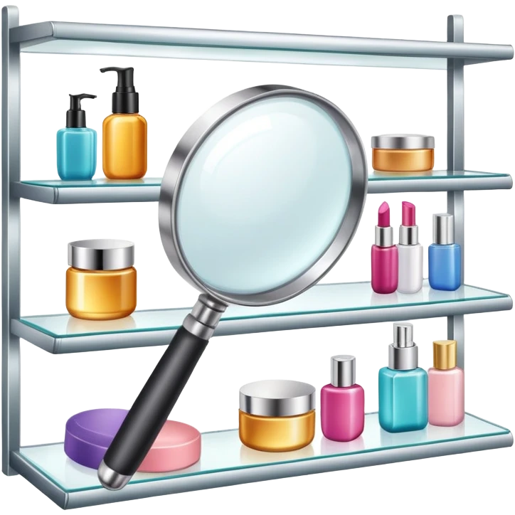 front view magnifying glass over beauty product shelf searching for last item emoji