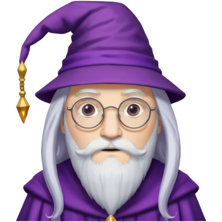 dumbledore, long white hair, wear purple magic hat, glasses emoji