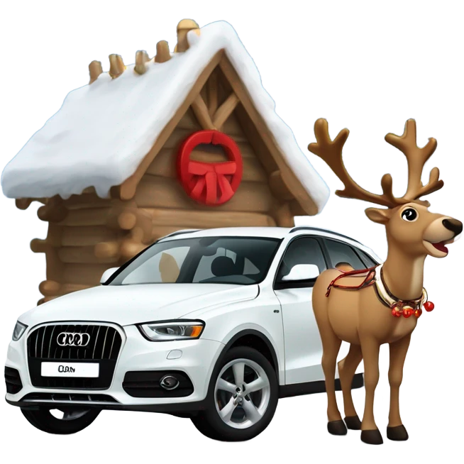 A reindeer harnessed to A white Audi Q3 with a red bridle and golden bells, set in a snowy winter scene. emoji