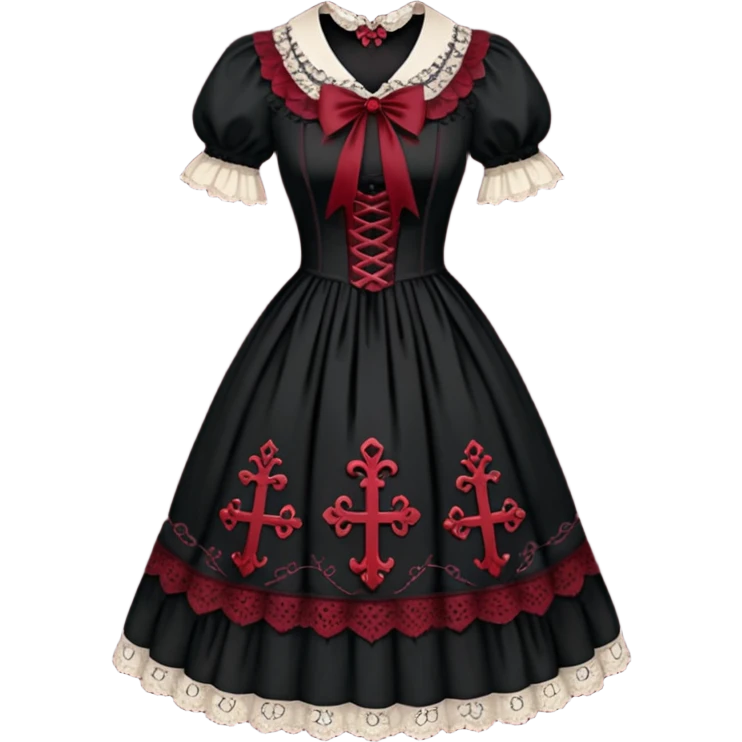 A beautiful Lolita dress with laces, cross-stitches, dark gothic color palette theme, strings, traditional vintage patterns textile, beautiful, aesthetic clothing emoji