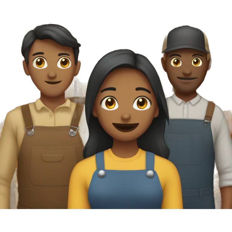 barn with two farmers, one male and one female and some customers of various ethnic backgrounds emoji