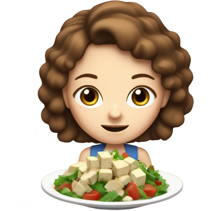 White girl Brown hair blue eyes freackles eating Tofu salad with fork emoji