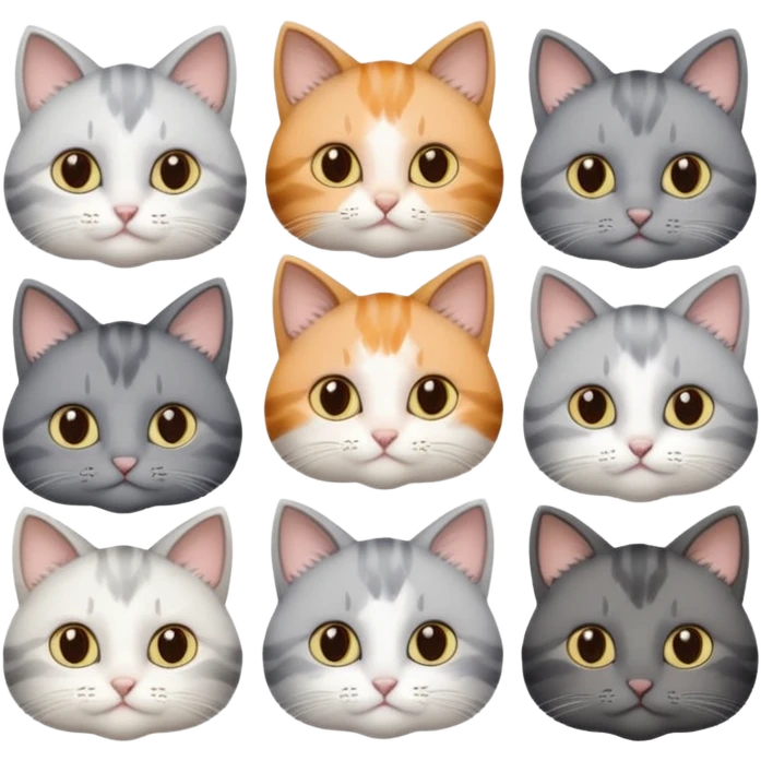 6 realistic looking cats with different natural coloured coats, assorted grey and white, greys, calicos etc
 emoji