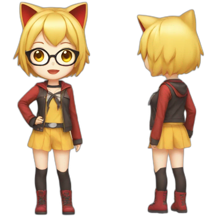 anime girl with short yellow hair, red glasses, cat ear, idol costume emoji