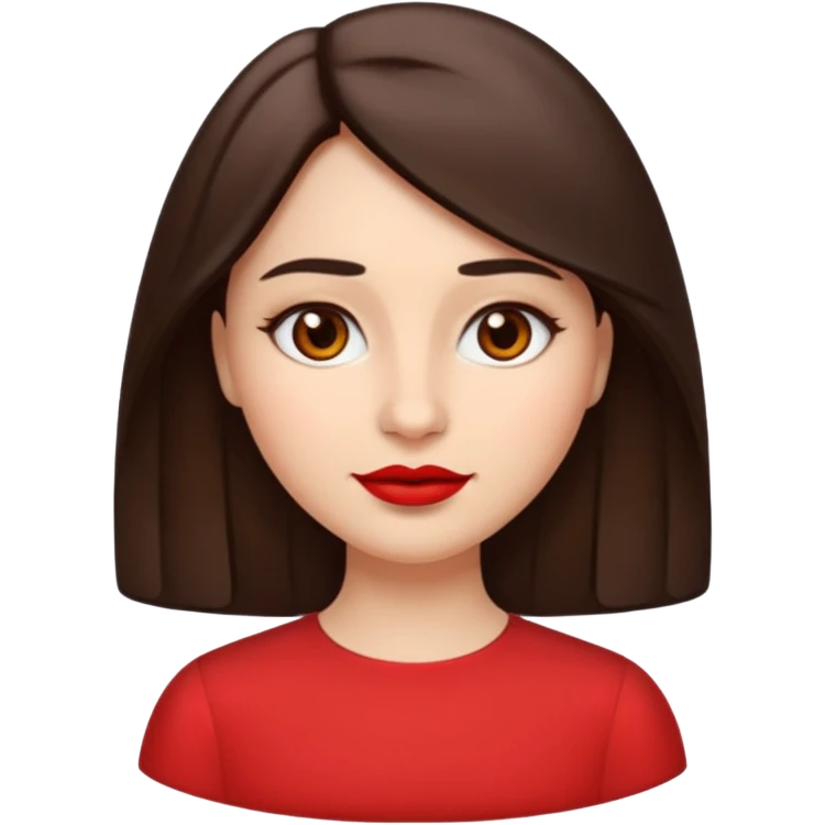 A woman emoji with fair skin, slightly wavy dark brown hair parted in the middle, an oval-shaped face, arched dark eyebrows, almond-shaped brown eyes, a small straight nose, and red lips. emoji