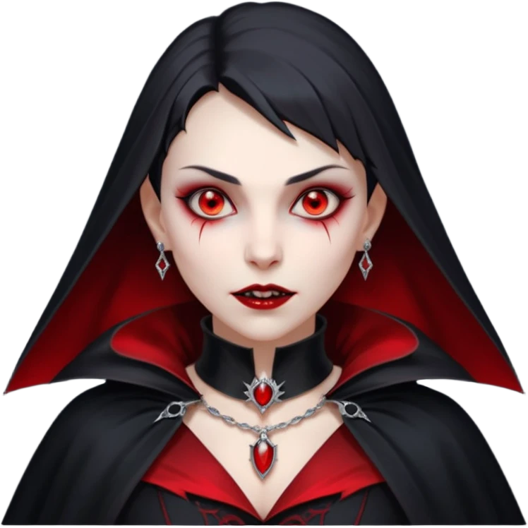 vampire village woman portrait, head and shoulders only, dark gothic cloak collar, sharp fangs, red glowing eyes, elegant yet eerie expression, subtle jewelry, 3D cartoon, mobile game icon style, clean background, no text, no watermark

 emoji