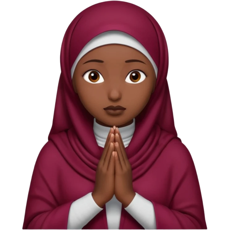 darkskin muslim black woman praying with burgundy hijab hyper realistic face, islamic prayer position  emoji