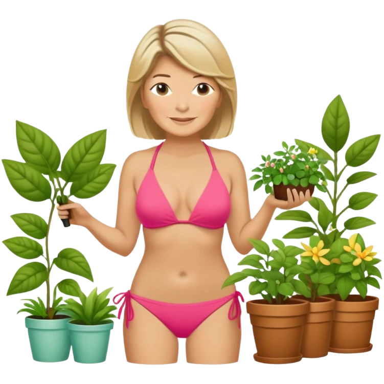 Martha Stewart in bikini gardening with plants emoji