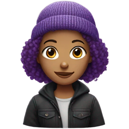 Girl with purple curly hair wearing a black beanie emoji