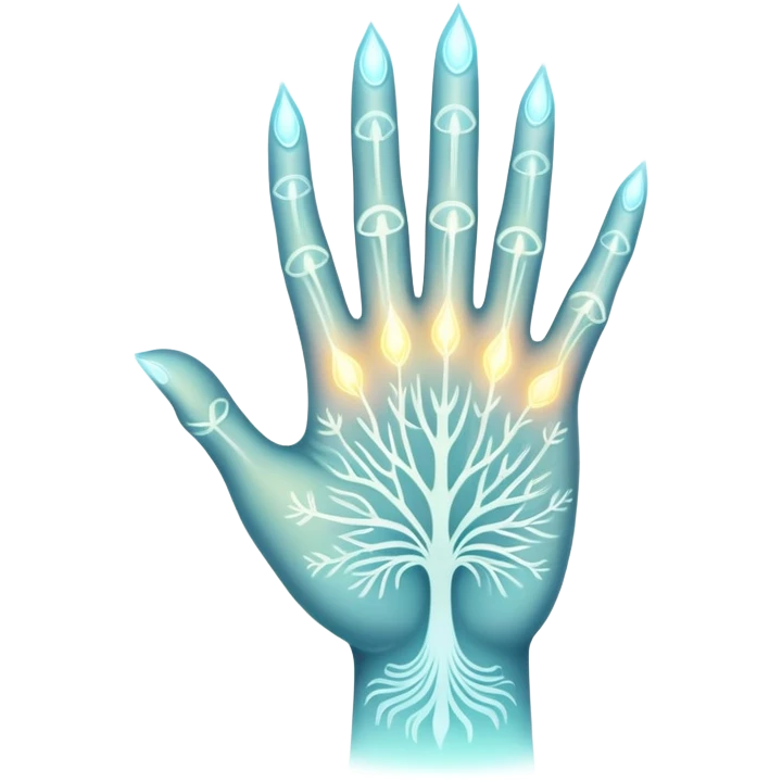 ethereal glowing hand with intricate symbolic palm lines, radiating mystical energy emoji