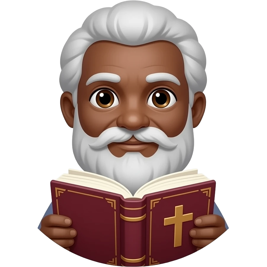 wise old man with grey hair slight smile brown eyes white beard black skin with burgundy book that has a cross on it no circle emoji