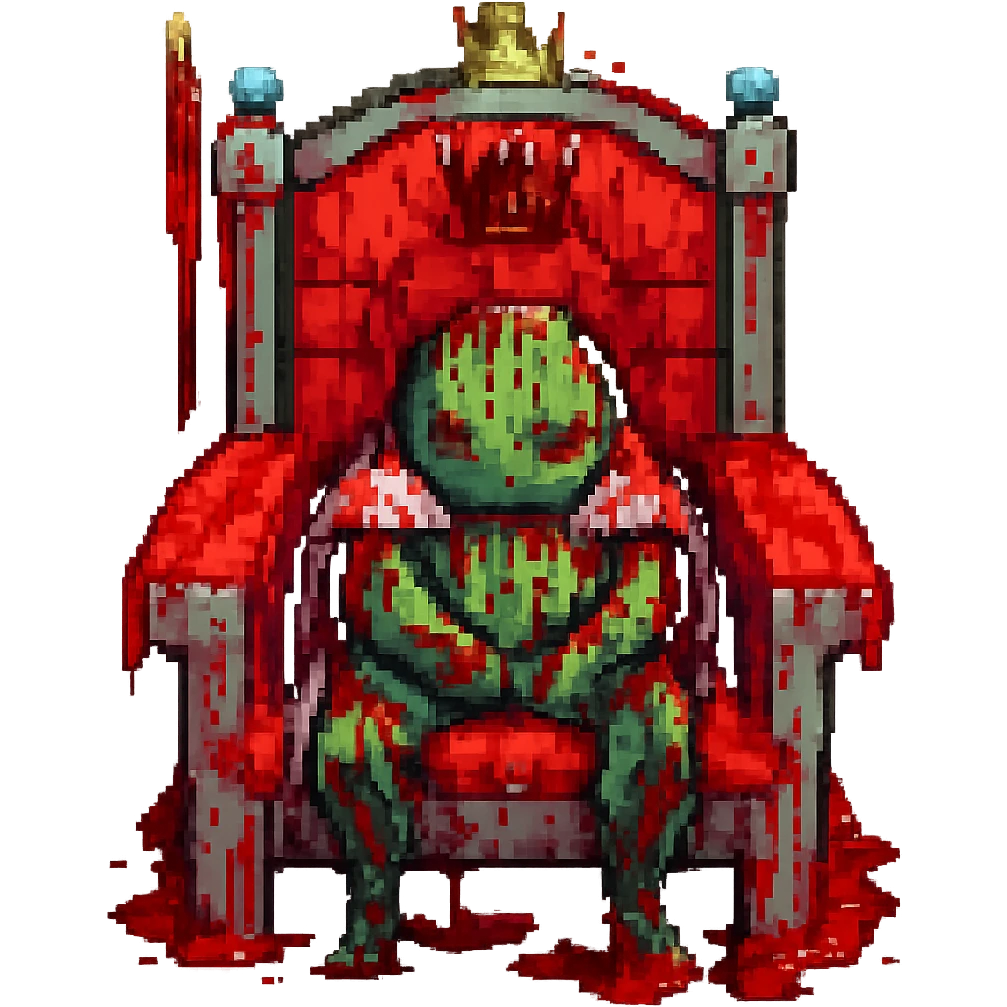 Increase the blood effect on the Minecraft king slime sitting on a throne in pixel art style, keep the background transparent. emoji