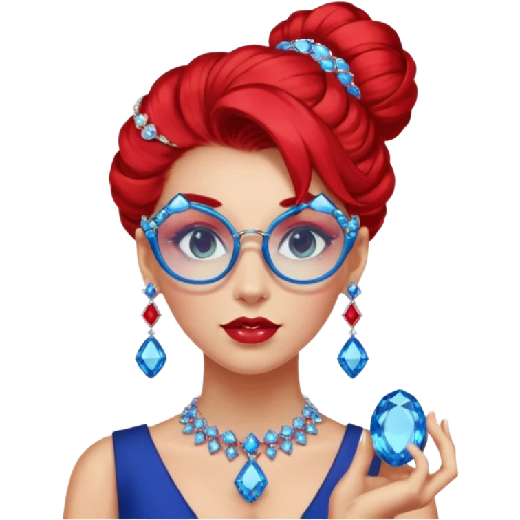 gem lover woman with gem accessories excessive amount gem glassess very big gem earrings red bun hair and redbluediamonds emoji