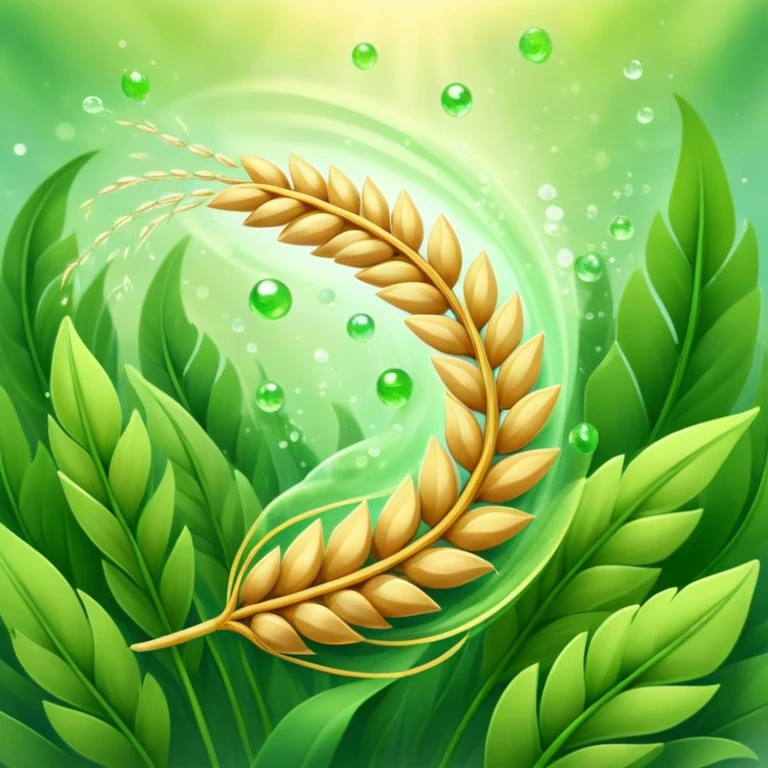 Golden wheat ear floating among green leaves and bright particles, spinning around an ethereal digestive system with soft light texture, while subtle cleansing waves pass through the air like a purifying spell emoji