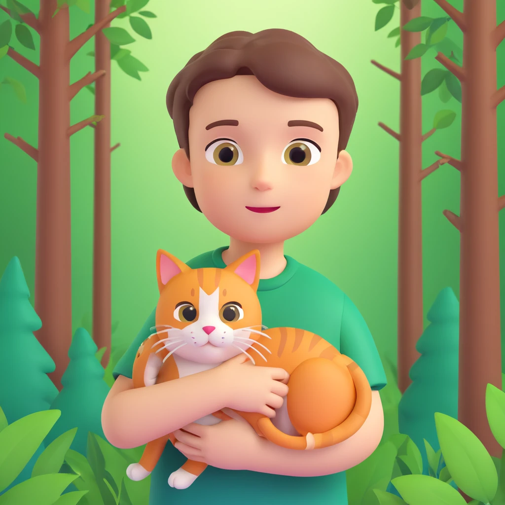 boy and cat pet in forrest background, close up pose emoji