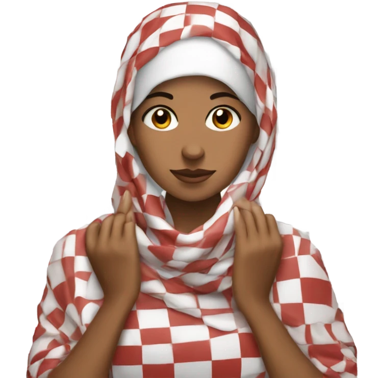 woman fixing red and white checkered kuffiyeh with her hands emoji