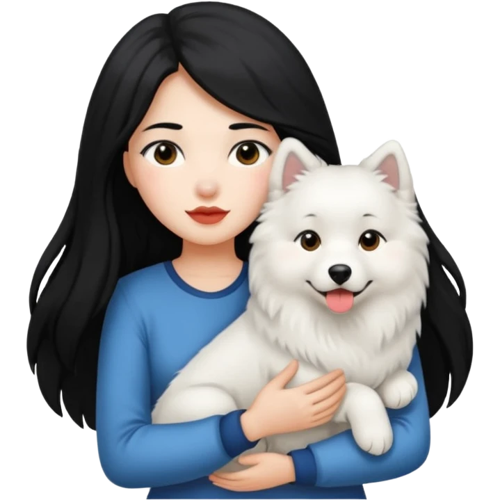 A girl with black long hair holding a Samoyed emoji