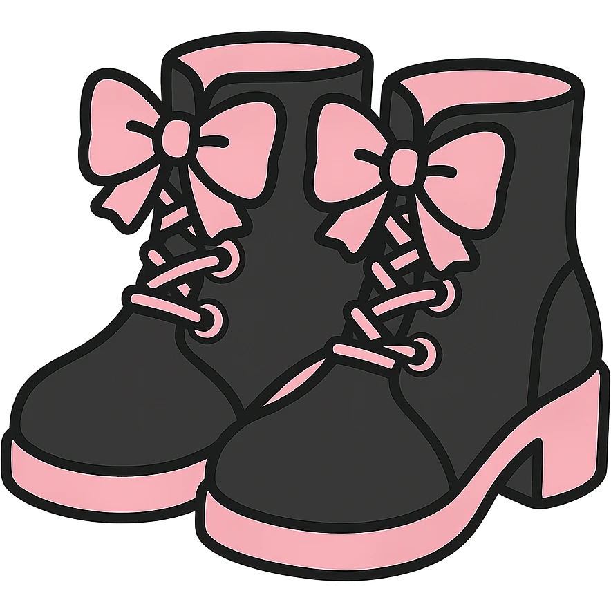 BLACKPINK-inspired gothic shoes, no hearts, black and pink, cute and stylish, kawaii style, lace-up ankle boots with ribbons emoji