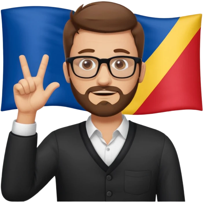 A brown-haired man with a designer stubble beard and rectangle glasses. He pose to show him shrugging - raise both shoulders up in a "I don't know" gesture, In the background the Romania flag. emoji